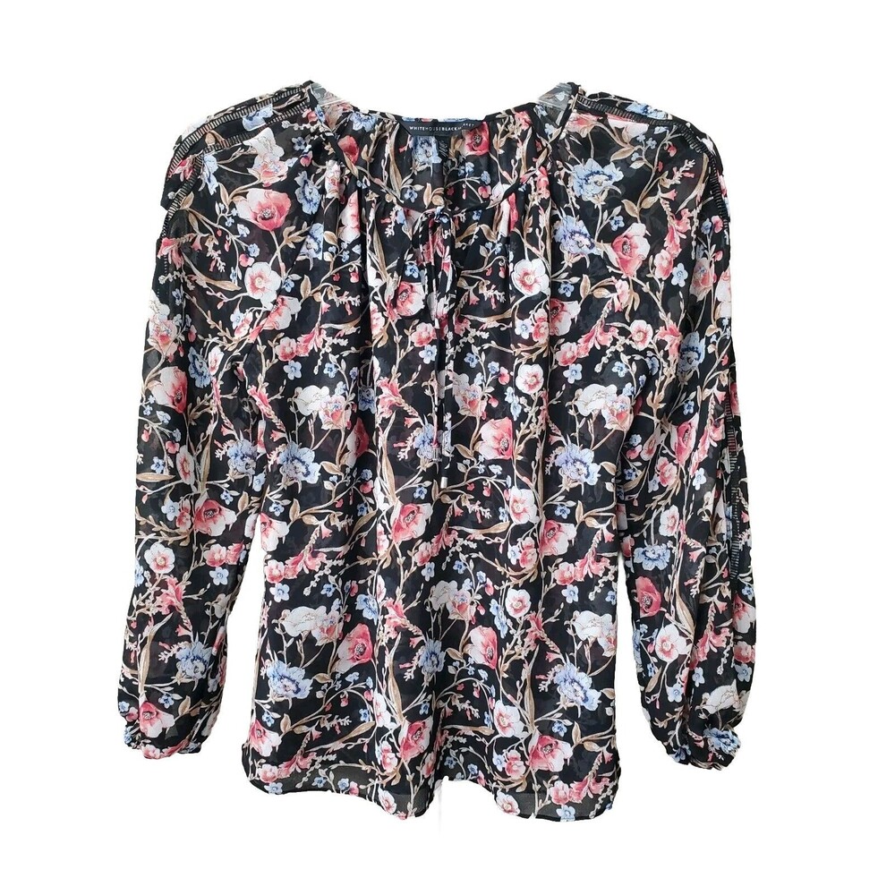 WHITE HOUSE BLACK MARKET Chiffon Floral Lined Tie-Neck Peasant Blouse Size 6